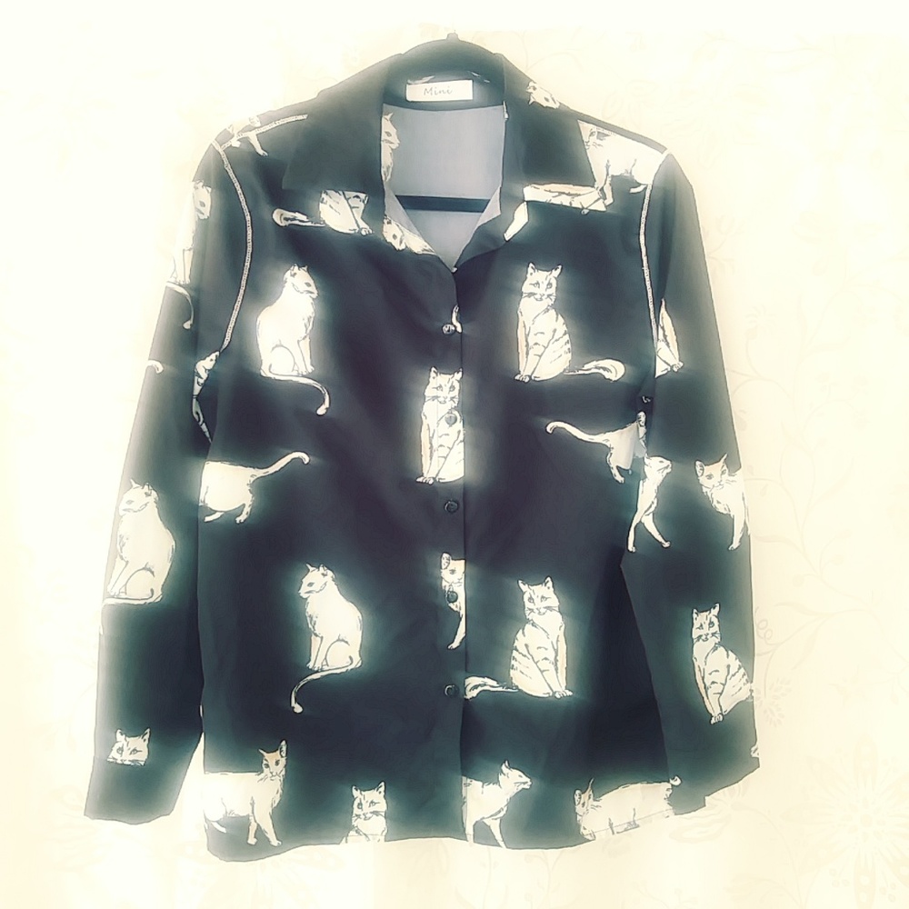 Cat Animal Print Black Yellow Top Blouse Small